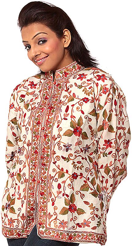 Ivory Jacket from Kashmiri with Aari Embroidered Flowers