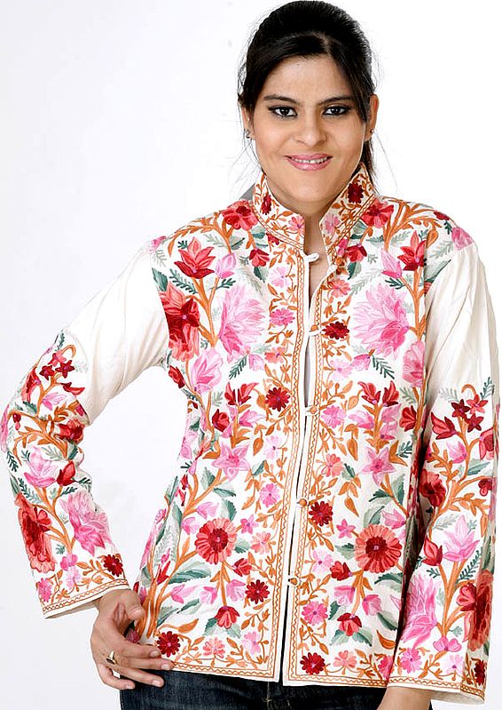 Ivory Jacket with Large Flowers Embroidered All-Over