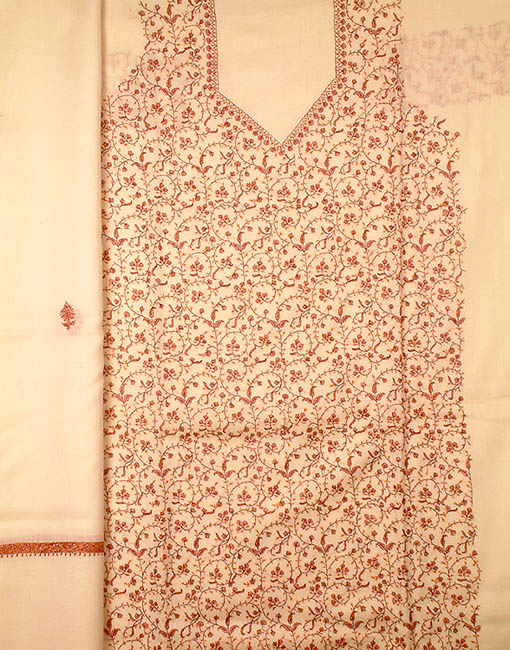 Ivory Jafreen Jaal Hand-Embroidered Suit from Kashmir with Shawl
