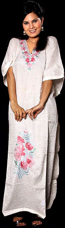 Ivory Kaftan from Kashmir with All-Over Crewel Embroidered