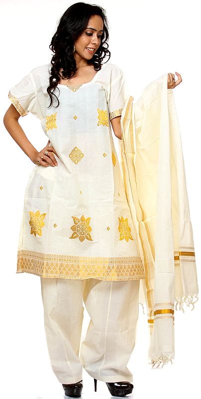 Ivory Kasavu Choodidaar Suit from Kerala with Golden Thread Weave