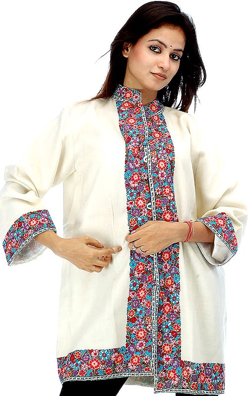Ivory Kashmir Jacket with Dense Floral Embroidery by Hand on Borders