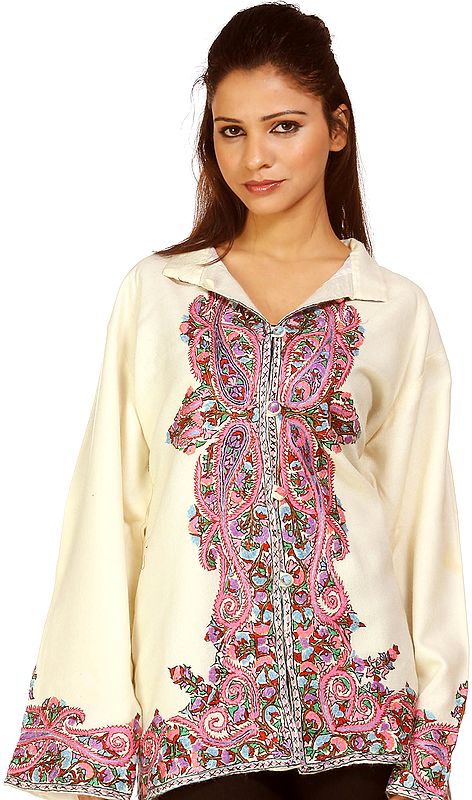 Ivory Kashmiri Butterfly Jacket with Hand-Embroidered Paisleys and Flowers