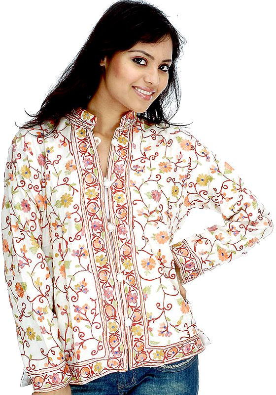 Ivory Kashmiri Jacket with Floral Embroidery