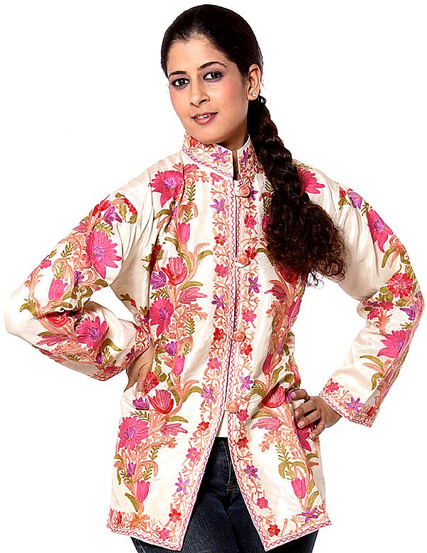 Ivory Kashmiri Jacket with Flowers Embroidered in Pink Thread