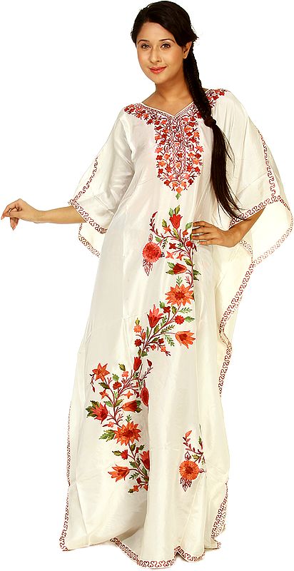 Ivory Kashmiri Kaftan with Embroidered Flowers in Pink