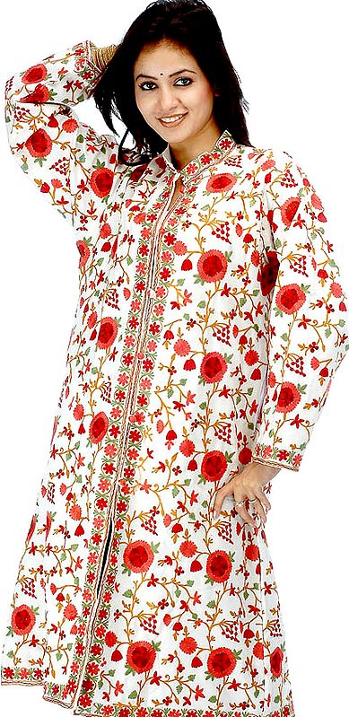 Ivory Kashmiri Long Jacket with Floral Aari Embroidery