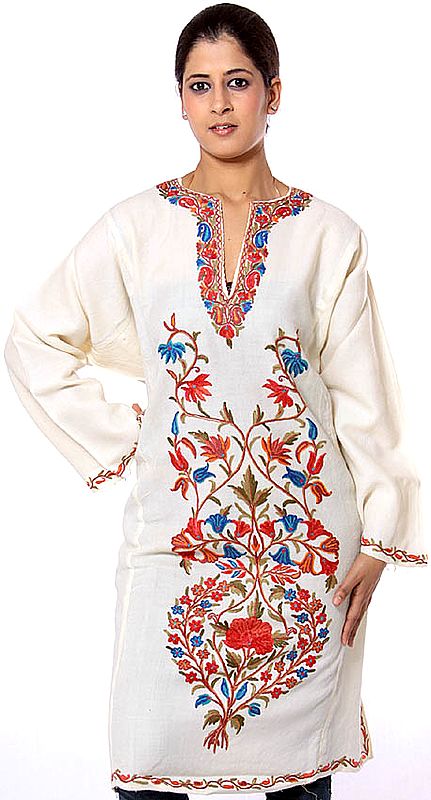 Ivory Kashmiri Phiran with Crewel Embroidered Paisleys