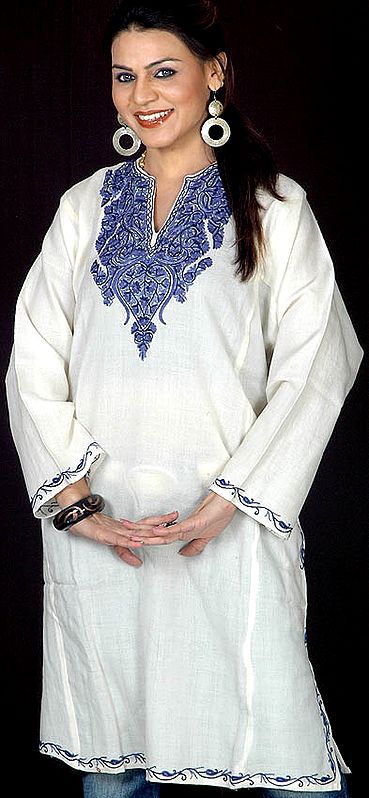 Ivory Kashmiri Phiran with Embroidery in Blue Thread