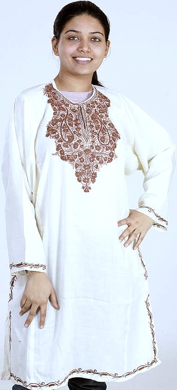 Ivory Kashmiri Phiran with Embroidery on Neck