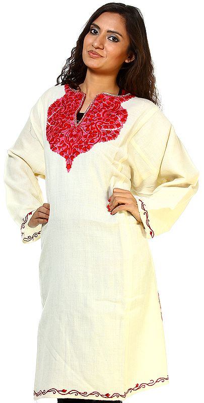 Ivory Kashmiri Phiran with Hand-Embroidery on Neck