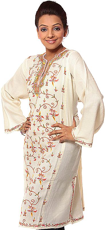Ivory Kashmiri Phiran with Jaal Embroidery