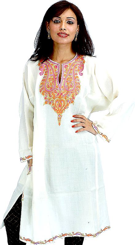 Ivory Kashmiri Phiran with Multi-Color Embroidery