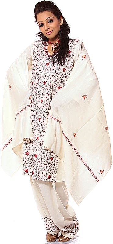Ivory Kashmiri Salwar Kameez with Sozni Embroidery All-Over