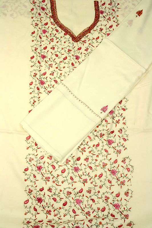 Ivory Kashmiri Three-Piece Suit with Needle Embroidery by Hand
