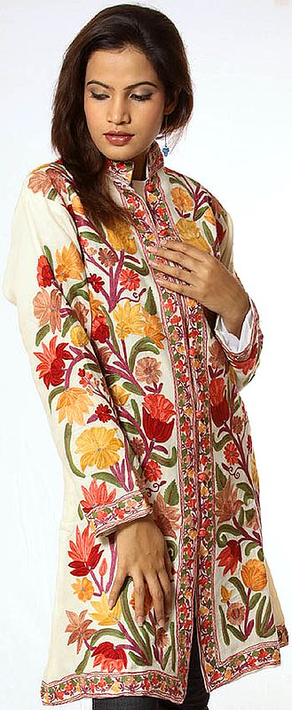 Ivory Long Floral Jacket from Kashmir with Aari-Embroidery All-Over
