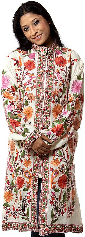 Ivory Long Floral Jacket from Kashmir with Large Embroidered Flowers
