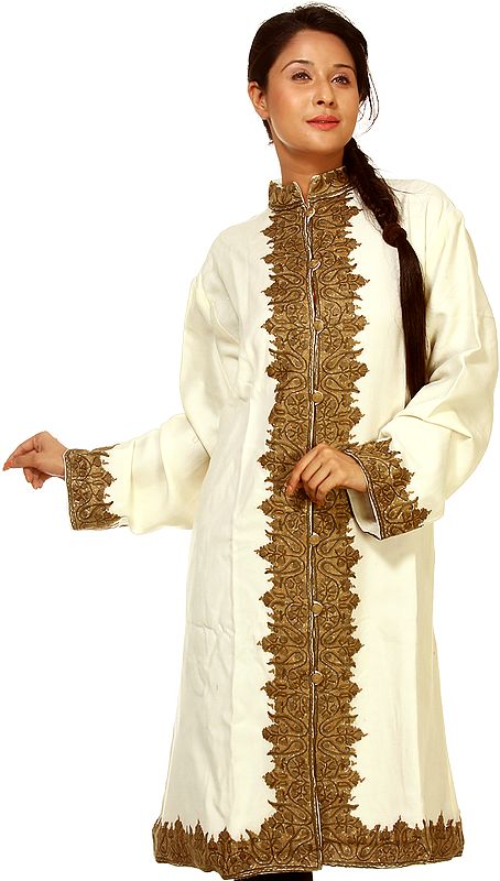 Ivory Long Jacket From Kashmir with Aari-Embroidery By Hand