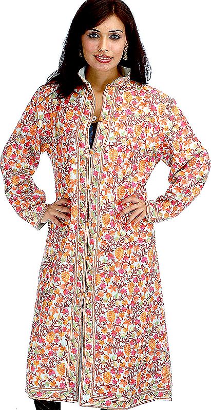 Ivory Long Jamdani Kashmiri Jacket with Multi-Color Flowers