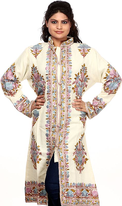 Ivory Long Kashmiri Jacket Aari Embroidered Flowers All-Over
