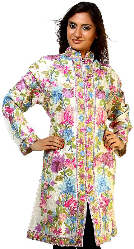 Ivory Long Kashmiri Jacket with Crewel Embroidered Flowers All-Over