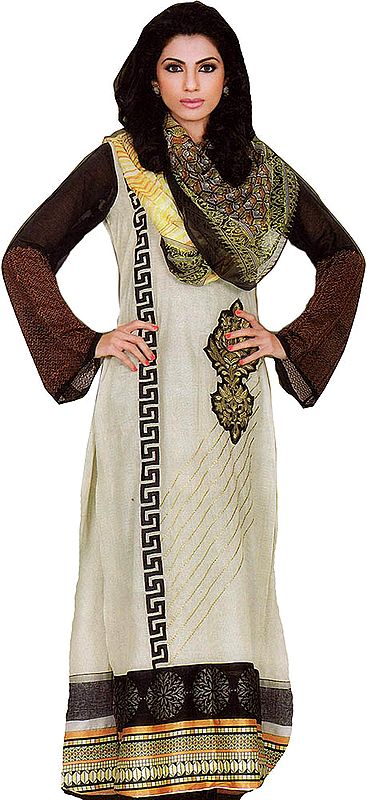 Ivory Long Printed Salwar Kameez Suit from Pakistan with Embroidered Patch