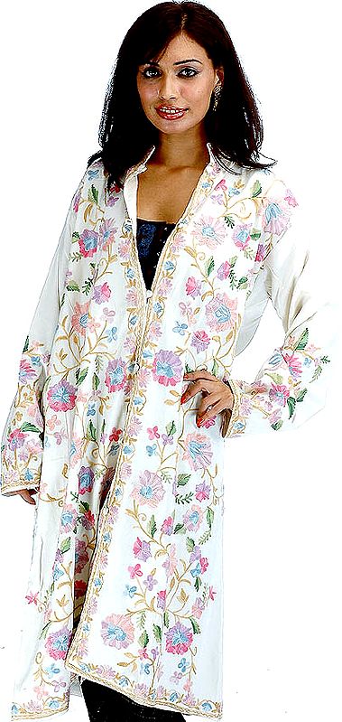 Ivory Long Silk Jacket with Floral Embroidery All-Over