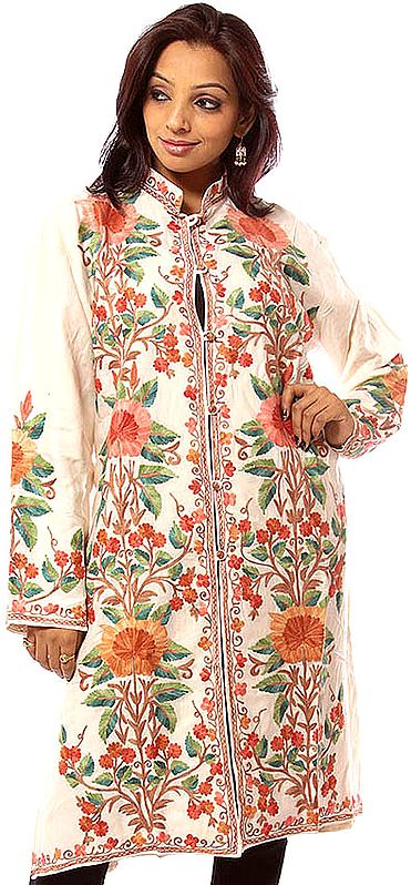 Ivory Long Silk Jacket with Large Embroidered Flowers