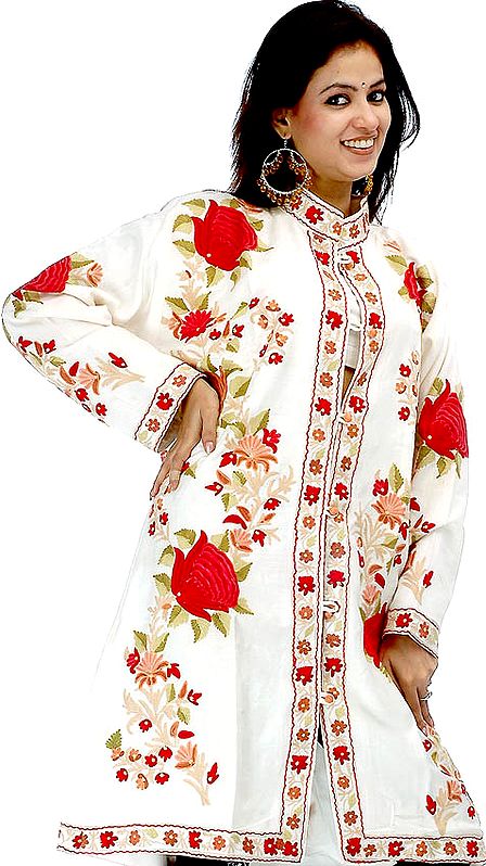 Ivory Long Silk Jacket with Large Flowers