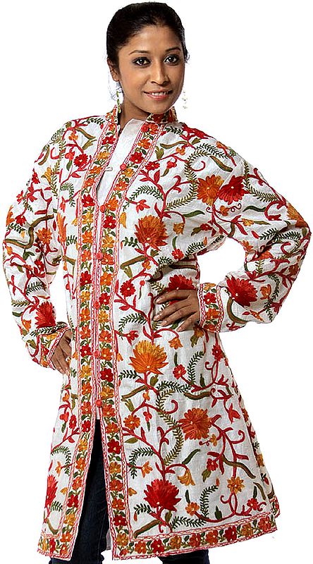 Ivory Long Silk Jacket with Phulkari Embroidery