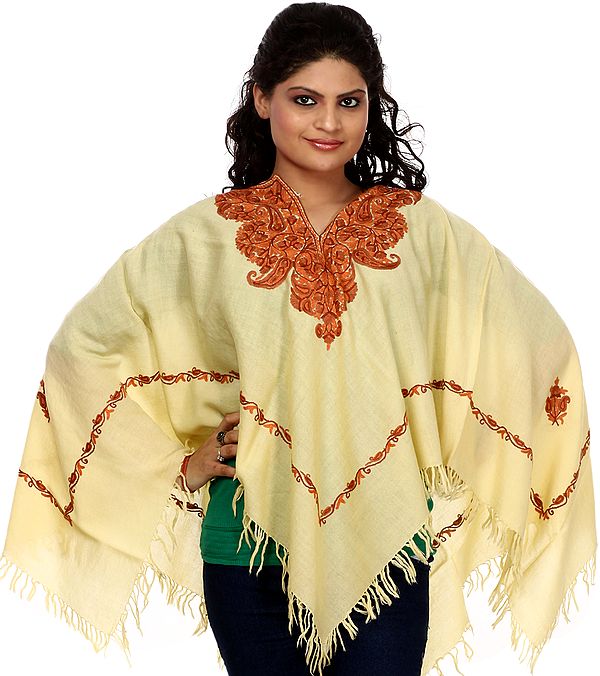 Ivory Poncho with Aari Embroidered Paisleys by Hand on Neck and Border