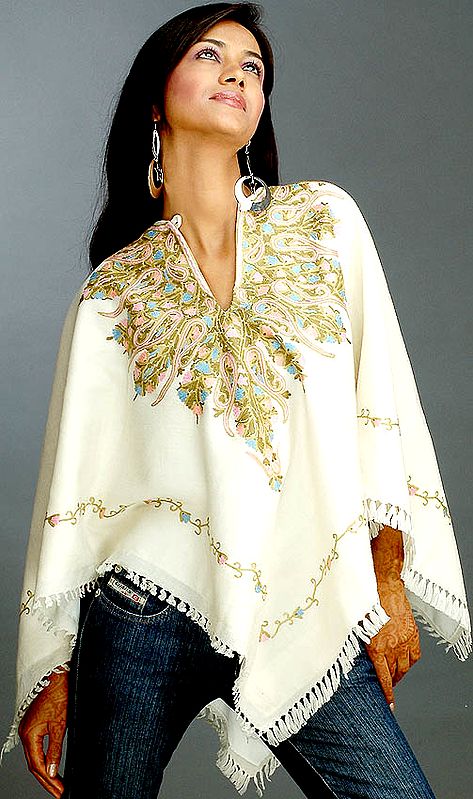 Ivory Poncho with Embroidery on Neck and Border