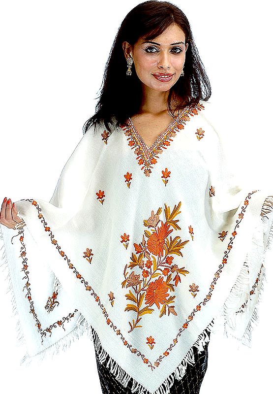 Ivory Poncho with Hand-Embroidery All-Over