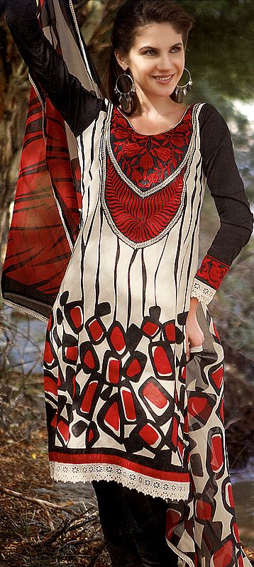 Ivory Printed Choodidaar Suit with Modern Print and Crochet Border
