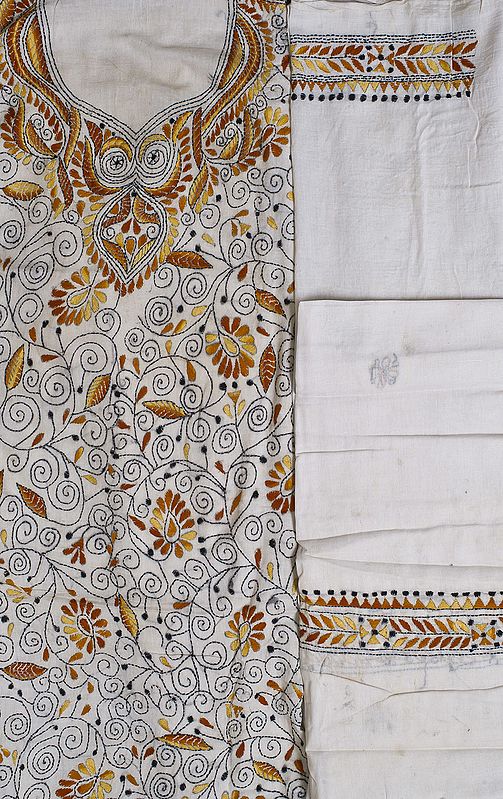 Ivory Salwar Kameez Fabric with Kantha Embroidered Flowers