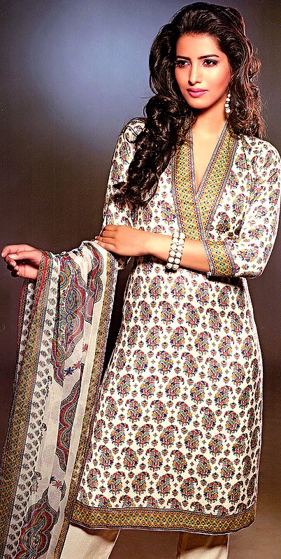 Ivory Salwar Kameez Suit with Kani Printed Flowers All-Over