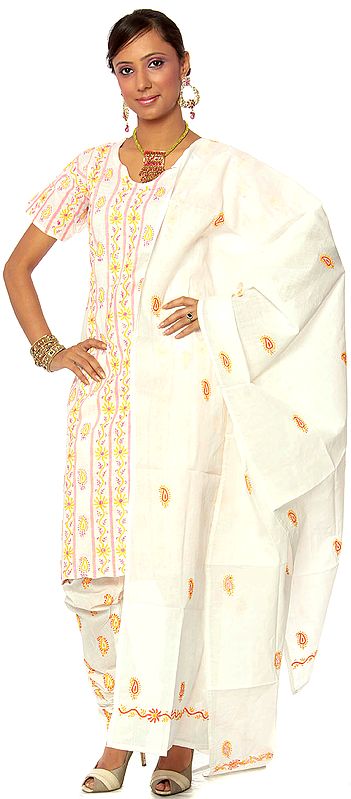 Ivory Salwar Kameez Suit with Lukhnawi Chikan Embroidered Paisleys All-Over