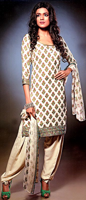Ivory Salwar Kameez Suit with Printed Bootis