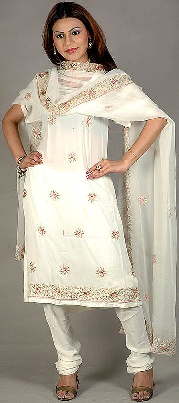 Ivory Salwar Kameez with All-Over Floral Embroidery