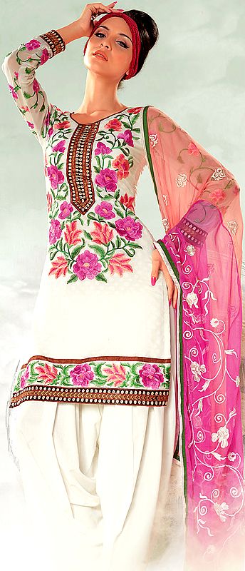 Ivory Salwar Kameez with Crewel Embroidered Flowers and Floral Dupatta