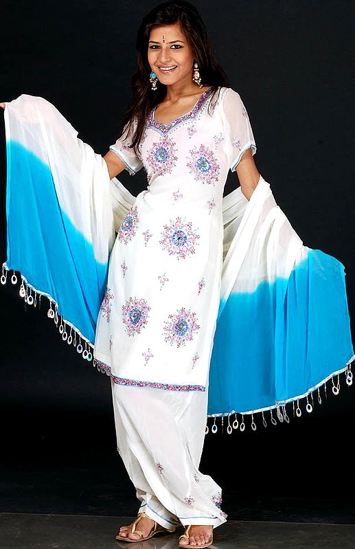 Ivory Salwar Kameez with Sequins and Beads