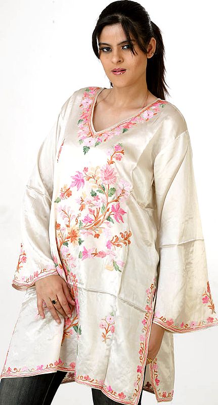 Ivory Silk Kurti Top from Kashmir with All-Over Floral Embroidery