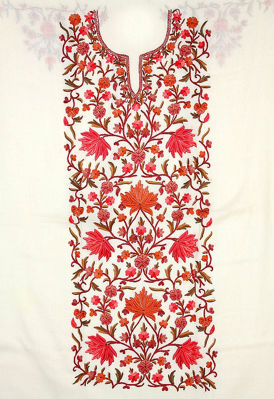 Ivory Two-Piece Salwar Kameez Suit from Kashmir with All-Over Floral Aari Embroidered Flowers by Hand