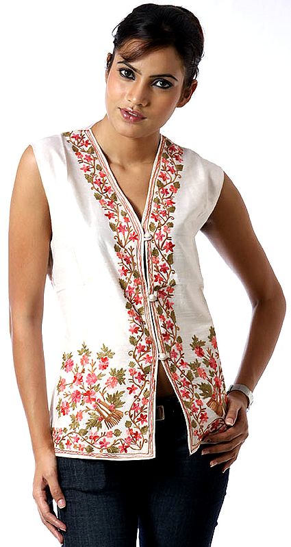 Ivory Waistcoat with Aari Embroidered Flowers on Border