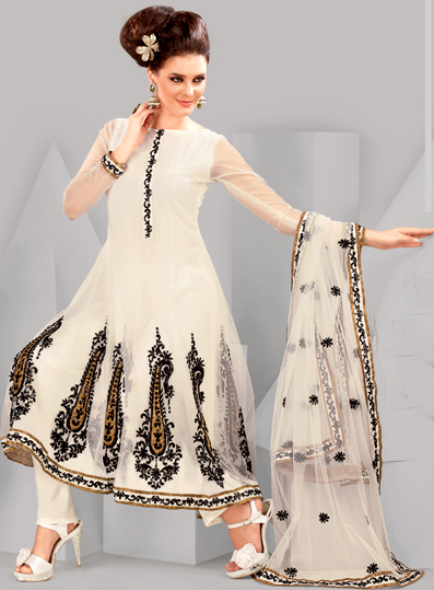 Ivory Wedding Anarkali Salwar Suit with Giant Paisleys Embroidered in Black Thread