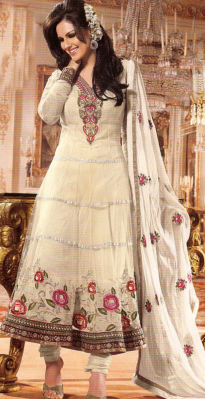 Ivory Wedding Choodidaar Flaired Suit with Beads, and Zardozi Embroidery