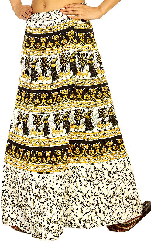 Ivory Wrap-Around Sanganeri Long Skirt with Printed Ragini