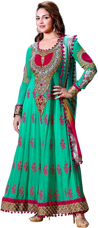 Jade-Green Anarkali Choodidaar Suit with Embroidery and Patch work