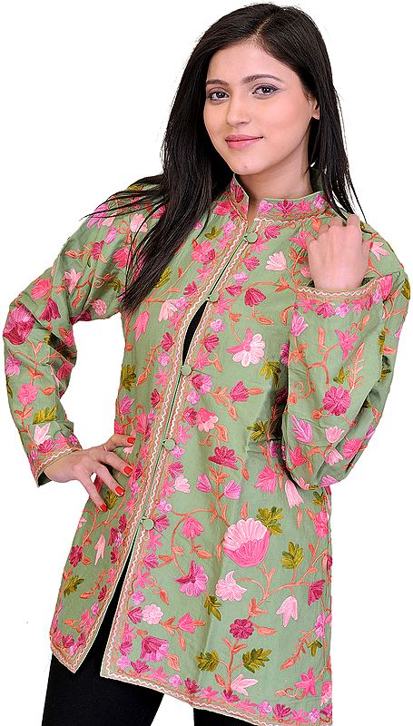 Jade-Green Jacket from Kashmir with Aari Embroidered Flowers