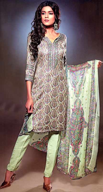 Jade-Green Salwar Suit with Printed Paisleys All-Over